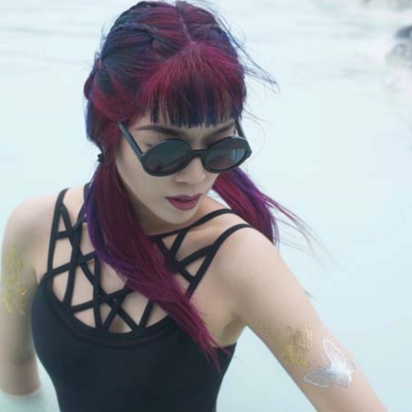 Goth pentagram straps black swimsuit one piece gothic swimwear size s like new - Picture 9 of 9